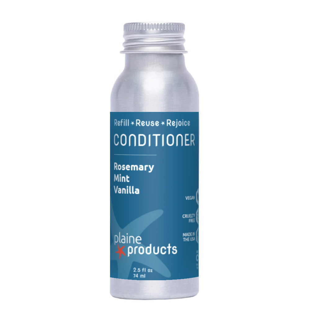 Bottle of conditioner with blue label and silver cap on white background